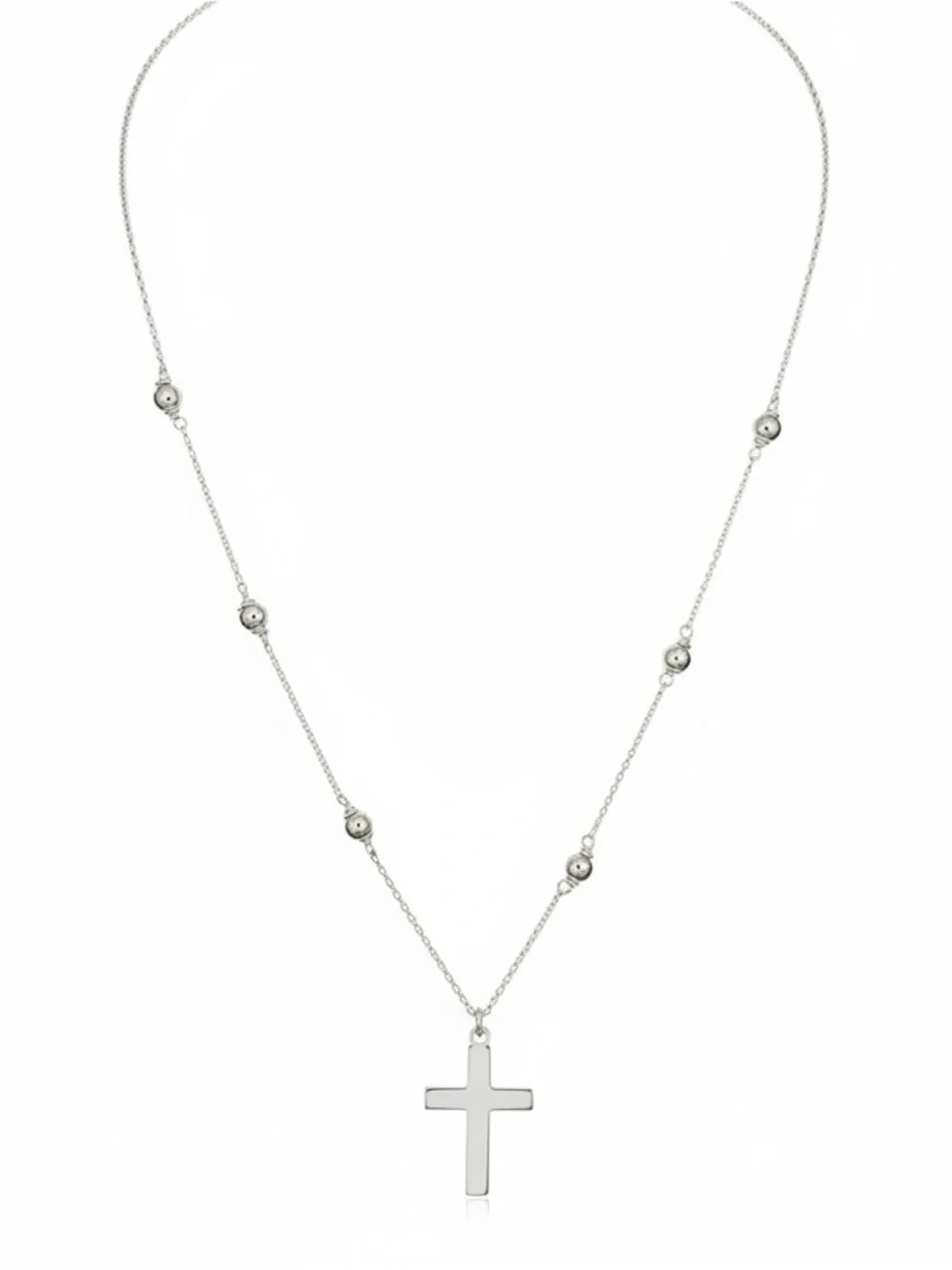 BOUTIQUE Sterling Silver 18” Cross Charm Beaded Chain Necklace 925 Stamped